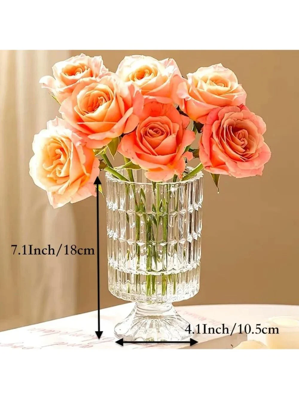 7'' Ribbed Crystal Glass Vase - Elegant Pedestal Design for Home, Office